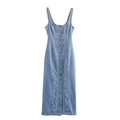 Nauwsluitende blauwe denim midi-jurk met knoopsluiting en split aan de zoom - XS / Lichtblauw