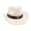 Cream white suede western cowboy hat with brown leather band and silver bull head charm - Beige