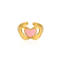 Detail of pink enamel heart ring with gold-plated hands design and adjustable band - Zj181