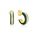 Detail of C-shaped earrings with green enamel and white zircon stones on gold-plated S925 silver - Green