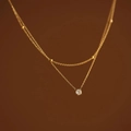 Double-layered gold necklace with sparkling solitaire zircon pendant and gold beads décor - Double Layer Single Zircon / Gold