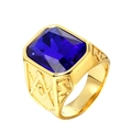 Anello massonico d'oro con una grande gemma blu rettangolare e simboli incisi - Misura 7 / Oro con pietra blu profondo