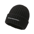Classic black ribbed knit beanie featuring unique rectangular casual logo patch for women - One Size / Black