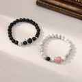 Couples cat bead bracelets set in matte black onyx and white turquoise textures - Matte Black & White Stone - Cat Pendant