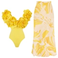 Conjunto de body amarillo con flores 3D y falda larga de talle alto con estampado floral - S / Top Y Pantalón / Amarillo