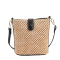 Sac seau minimaliste en paille tressée beige avec bandoulière en similicuir noir chic - Noir