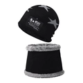 Winter knitted hat and neck warmer set with star embroidery and warm fleece lining - Star Set Black