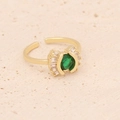 Adjustable gold ring with green oval gemstone and baguette side diamonds on stone background - Adjustable Open / Oval Green Gemstone Style (3#)
