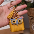 Ginger yellow PU leather owl coin purse keychain with matching tassel and gold hardware - Yellow