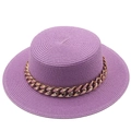 Flat top purple straw sun hat with decorative gold metal chain for beach vacations - M (56-58cm) / Purple Style (05)