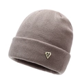 Thick ribbed knit beanie in dusty purple with a stylish diamond-shaped metal logo tag - Khaki