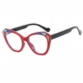 Modern cat-eye sunglasses featuring a red frame with blue color-blocking and black temples - Red Frame