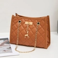 Brown quilted faux leather handbag with gold chain strap and deer charm detail - Brown