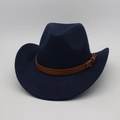 Detailed close-up of navy blue wool felt cowboy hat featuring a brown leather decorative band - One Size / Navy Blue (With Brown Belt)