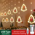 USB warm white LED Christmas window curtain lights with Santa and Reindeer pendants - USB With Remote / Warm White