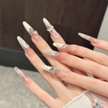 Rosa Ombré Kunstnägel mit weißen Punkten, 3D-Schleifen und glitzernden Strasssteinen - Groß (L)