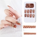 Press-on nail set in amber brown with golden bow accents and 24pcs glossy finish pieces - F785-4 Bean Paste Nude Gold Bow