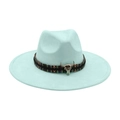 Mint green wide brim fedora with ethnic band and silver bull skull metal pendant - Colorful Bull Head Ornament / Emerald Green