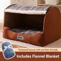 Brown plush house-shaped pet bed with black and white checkered cushion and blue blanket - S (35*30*30cm) / With Flannel Blanket / Bondi Blue