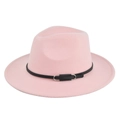 Detail of pink wool fedora hat featuring a black leather band and silver metal buckle - M (56-58cm) / Pink