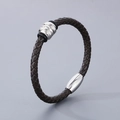 Minimalist dark brown braided leather bracelet with silver magnetic stainless steel clasp - Style C Bracelet (KB182850-TXH)