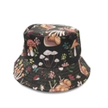 Detailed close-up of mushroom and floral prints on the black canvas bucket hat - M (56-58cm) / 9# Black Insect & Mushroom