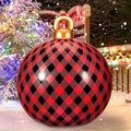 Inflatable red and black plaid Christmas ball with gold cap and LED light in snow - Red and Black Grid