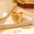Gold plated bohemian turquoise wide ring featuring hammered metal sunburst design - Adjustable Open / Gold Radial Sun Pattern with Turquoise (JOM25010)