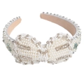 Elegant white pearl and crystal rhinestone headband featuring a large bow knot design - Iridescent Crystal Beads Bowknot (Series 8-8)