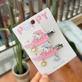 Detailed view of pink acrylic Westie puppy hair clips with cute fruit charms on a card - Pink Plaid Sofa - West Highlands - Apple-shaped Duck Clip