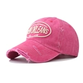 Close-up of distressed rose pink cotton baseball cap with New Orleans embroidery detail - Adjustable / Rose Red