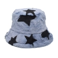 Detailed texture of blue plush bucket hat featuring black star patterns for winter warmth - M (56-58cm) / Blue