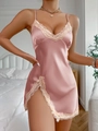 Elegant pink silk satin nightgown with V-neckline and delicate beige lace trim - Lotus Pink