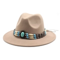 Detail of bohemian fedora hat with turquoise beads and tribal decorative band - M (56-58cm) / Light Purple Grey