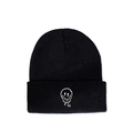 Detailed close-up of a black knit beanie featuring a white melting smiley face graphic - M (56-58cm) / Black