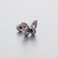 Titanium steel butterfly stud earring with pink and blue zircons and screw back - Butterfly Pink Wings Blue Center Style (A64-3#)