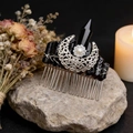 Handmade moon hair comb with black crystals and silver crescent moon on a natural stone base - Black Crystal + Hollow Moon + Rhinestone Pearl Flower