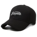 Classic black cotton baseball cap featuring white Sweet embroidery in a 45-degree view - Adjustable / Black With White Embroidery