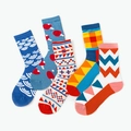 Five pairs of trendy mid-calf socks with colorful wave, mushroom, and plaid patterns - One Size / Colorful Geometric and Texture Collection