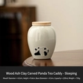 Mini ceramic tea canister with wood lid and embossed panda pattern in ash glaze - Straw Ash Relief Panda - Shuishui 5