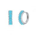 Detail view of silver hoop earrings with rectangular sky blue stones and secure clasp - Rectangle Blue Stone Hoop Silver (15)