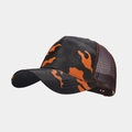 Detail of orange camo baseball cap with breathable dark mesh back and stitched brim - Adjustable / Orange Camouflage