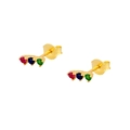 Detail shot of golden earrings featuring three vertical red, blue and green round zircon stones - Gold Base Colorful Zircon
