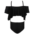 Girls' black two-piece bikini set with ruffle crop top and high-waisted bottoms - 104 / Black Ruffle Two-Piece Set