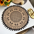 Round jute placemat with vintage bell print and black pom-poms for table decor - Style 2 Black (Pom-poms)