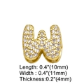 Macro shot of gold letter W pendant with zircon pavé and detailed size dimensions - Letter W