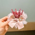 Pink princess crown hair clip with sequin tiara lace mesh bow and star charm - Korean Pink