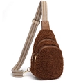 Dark brown teddy fleece crossbody bag with gold hardware and geometric pattern strap - Brown