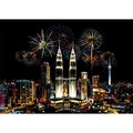 Kuala Lumpur city night scratch art featuring Petronas Twin Towers and colorful fireworks - Petronas Towers