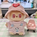 Pink corduroy clothing set for Labubu doll featuring a heart embroidery hat and panda patch - Pink Pocket Straps + Pink Heart Hat / First And Second Generation Keychains Are Compatible With La Cloth Dolls. Dolls Not Included.